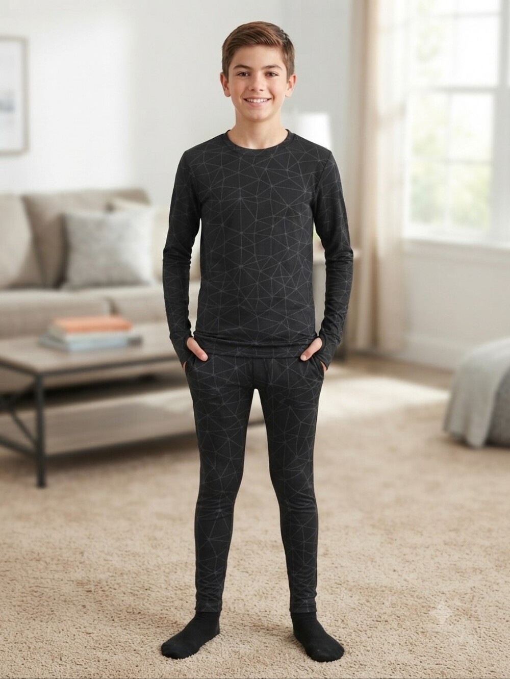 Athletic Works Black and Gray Geometric Kids' Thermal Set